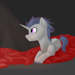 Size: 998x998 | Tagged: safe, artist:royalwolf1111, oc, oc only, oc:verlo streams, bat pony, pony, unicorn, bat pony oc, commission, male, pillow, prone, solo, ych result