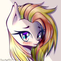 Size: 2000x2000 | Tagged: safe, artist:chaosangeldesu, oc, oc only, oc:celestial aegis, bat pony, pony, bat pony oc, blushing, bust, ear fluff, eyelashes, fangs, female, high res, looking at you, mare, multicolored hair, open mouth, portrait, simple background, slit pupils, solo, starry eyes, white background, wingding eyes