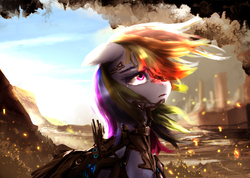 Size: 2991x2132 | Tagged: safe, artist:aidelank, rainbow dash, cyborg, pony, g4, female, high res, mare, multicolored hair, sad, solo