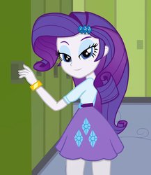 Size: 833x958 | Tagged: safe, artist:tabrony23, rarity, equestria girls, g4, beautiful, beautisexy, bedroom eyes, belt, bracelet, clothes, female, hairpin, jewelry, lidded eyes, lockers, looking at you, sexy, show accurate, skirt, smiling, smirk, solo, stupid sexy rarity