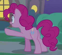 Size: 507x457 | Tagged: safe, screencap, pinkie pie, earth pony, pony, g4, the maud couple, butt, cropped, female, mare, plot, raised hoof, solo