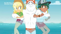 Size: 1280x720 | Tagged: safe, screencap, applejack, bulk biceps, timber spruce, equestria girls, g4, my little pony equestria girls: better together, turf war, beach, clothes, geode of super strength, lifeguard timber, magical geodes, male, male nipples, nipples, nudity, ocean, partial nudity, topless, wet, wet hair