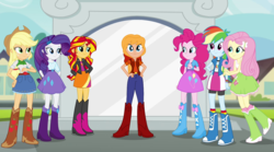 Size: 1280x712 | Tagged: safe, artist:ambassad0r, artist:themexicanpunisher, applejack, fluttershy, megan williams, pinkie pie, rainbow dash, rarity, sunset shimmer, equestria girls, g1, g4, boots, clothes, compression shorts, cowboy boots, cowboy hat, denim skirt, equestria girls-ified, freckles, g1 to equestria girls, g1 to g4, generation leap, hat, high heel boots, hilarious in hindsight, pants, pedestal, shoes, shorts, skirt, socks, stetson