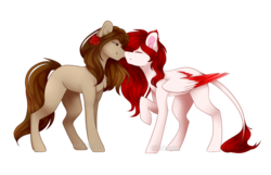 Size: 1023x659 | Tagged: safe, artist:itsizzybel, oc, oc only, oc:maya, earth pony, pegasus, pony, chest fluff, colored wings, colored wingtips, duo, ear fluff, eyes closed, female, flower, flower in hair, gradient wings, leonine tail, mare, nuzzling, raised hoof, simple background, transparent background, two toned wings