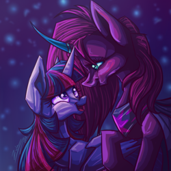 Size: 1900x1900 | Tagged: safe, artist:tu-kierownik, tempest shadow, twilight sparkle, alicorn, pony, unicorn, g4, artificial horn, curved horn, female, happy, horn, lesbian, prosthetic horn, prosthetics, royal guard, ship:tempestlight, shipping, smiling, tempest becomes a royal guard, tempest gets her horn back, twilight sparkle (alicorn)