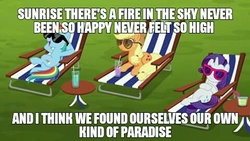 Size: 480x270 | Tagged: safe, edit, edited screencap, screencap, applejack, rainbow dash, rarity, earth pony, pegasus, pony, unicorn, g4, beach chair, chair, chillaxing, country song, drink, female, image macro, knee deep, mare, meme, song reference, sunglasses, zac brown band
