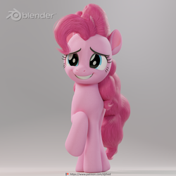Size: 2048x2048 | Tagged: safe, artist:therealdjthed, pinkie pie, earth pony, pony, g4, 3d, 3d model, blender, blender cycles, cute, cycles render, diapinkes, female, gray background, grin, high res, mare, model:djthed, nervous, nervous smile, patreon, patreon logo, raised hoof, simple background, smiling, solo, squee