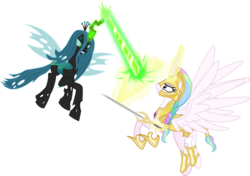 Size: 1024x719 | Tagged: safe, artist:vector-brony, princess celestia, queen chrysalis, alicorn, changeling, changeling queen, pony, g4, armor, armored pony, blast, braid, duel, female, fight, flying, force field, god empress of ponykind, magic, magic blast, simple background, sword, tail wrap, transparent background, warrior celestia, weapon