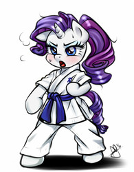 Size: 390x500 | Tagged: safe, artist:pia-sama, rarity, unicorn, semi-anthro, g4, bipedal, blue belt, blushing, clothes, female, gi, karate, mare, martial artist rarity, martial arts, open mouth, pants, robe, signature, simple background, solo, sweat, white background