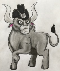 Size: 2462x2900 | Tagged: safe, artist:bozzerkazooers, idw, king longhorn, bull, cloven hooves, cowboy hat, hat, high res, male, raised hoof, solo, traditional art