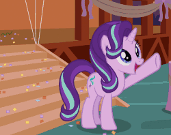 Size: 712x564 | Tagged: safe, screencap, starlight glimmer, pony, unicorn, g4, season 8, the maud couple, animated, balloon, confetti, cute, cutie mark, female, gif, glimmerbetes, happy, looking up, mare, open mouth, ribbon, smile and wave, smiling, solo, stairs, underhoof, waving