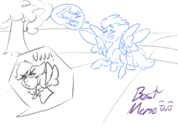 Size: 1032x729 | Tagged: safe, artist:songheartva, soarin', oc, pegasus, pony, pony town, g4, male, meme, nu, scene interpretation, senpai, senpai noticed me, sketch, stallion