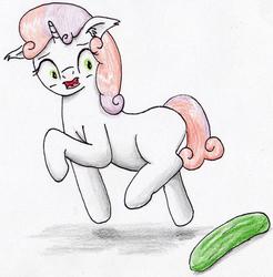 Size: 1824x1853 | Tagged: safe, artist:40kponyguy, derpibooru exclusive, sweetie belle, pony, unicorn, g4, behaving like a cat, cat scared of cucumber, cucumber, ear fluff, female, filly, food, scared, simple background, solo, traditional art, white background