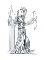 Size: 1000x1363 | Tagged: safe, artist:baron engel, fluttershy, anthro, unguligrade anthro, fake it 'til you make it, g4, clothes, dress, fluttergoth, goth, grayscale, monochrome, signature, simple background, traditional art, white background