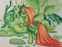 Size: 2048x1536 | Tagged: safe, artist:smirk, granny smith, timber wolf, g4, colored pencil drawing, everfree forest, female, green, little red riding hood, looking back, mare, predator, saddle bag, traditional art, younger