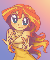 Size: 998x1198 | Tagged: safe, artist:rileyav, sunset shimmer, equestria girls, g4, anime, anime eyes, beautiful, clothes, crossed arms, cute, dress, female, hnnng, looking at you, peace sign, shimmerbetes, smiling, solo, sundress