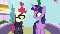 Size: 1280x720 | Tagged: safe, screencap, moondancer, twilight sparkle, alicorn, pony, amending fences, g4, bridge, clothes, flower, glasses, ponytail, sweater, twilight sparkle (alicorn)