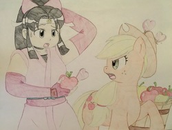 Size: 3719x2805 | Tagged: safe, artist:thetooner47, applejack, g4, apple, basket, crossover, food, high res, ninja nonsense, shinobu, shuriken, sweat, sweatdrop, traditional art