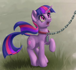 Size: 770x716 | Tagged: safe, artist:stratodraw, twilight sparkle, pony, unicorn, g4, chains, collar, dog tags, female, leash, open mouth, pony pet, raised hoof, solo, unicorn twilight