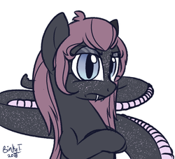 Size: 1200x1090 | Tagged: safe, artist:binkyt11, derpibooru exclusive, oc, oc only, oc:belladonna lamia, lamia, monster pony, original species, body freckles, crossed arms, crossed hooves, digital art, eyeshadow, fangs, female, freckles, grumpy, lamiafied, looking at you, makeup, mare, namesake, show accurate, signature, simple background, slit pupils, solo, species swap, white background