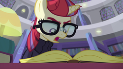 Size: 1280x720 | Tagged: safe, screencap, moondancer, pony, unicorn, amending fences, g4, angry, book, clothes, desk, female, glasses, lamp, library, mare, solo, sweater