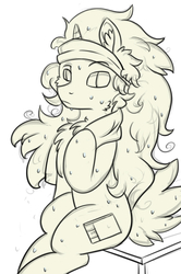 Size: 504x758 | Tagged: safe, artist:aurorafang, oc, oc only, oc:aurorafang, pony, unicorn, fluffy mane, gym, male, stallion, sweat, sweatband, towel, wip, workout