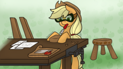 Size: 2560x1440 | Tagged: safe, artist:cadetredshirt, applejack, earth pony, pony, g4, apple, carpentry, female, food, goggles, solo, standing, tools, wood