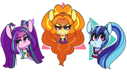 Size: 3239x1879 | Tagged: safe, artist:sourspot, adagio dazzle, aria blaze, sonata dusk, pony, equestria girls, g4, clothes, evil smile, gem, grin, looking at you, pigtails, ponytail, siren gem, smiling, twintails