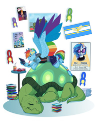 Size: 3994x5100 | Tagged: safe, artist:juicedane, artist:php130, daring do, dj pon-3, rainbow dash, tank, vinyl scratch, pegasus, tortoise, anthro, unguligrade anthro, g4, can, candy, clothes, collaboration, colored wings, eating, feathered fetlocks, female, food, giant tortoise, hoodie, male, mare, multicolored wings, nintendo ds, older tank, poster, rainbow wings, realistic horse legs, short mane, simple background, sleeping, spread wings, table, tattoo, twizzler, white background, wing claws, wings, wonderbolts poster
