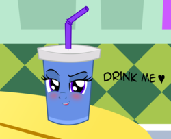 Size: 2198x1785 | Tagged: safe, artist:badumsquish, derpibooru exclusive, oc, oc only, badumsquish strikes again, bedroom eyes, bendy straw, blushing, context is for the weak, cup, dialogue, drink, drinking straw, dripping, flirting, food, heart, inanimate tf, looking at you, not trixie, open mouth, pony face, propositioning, raised eyebrow, smiling, smug, soda, solo, straw, table, transformation