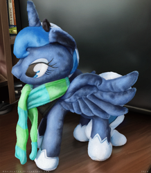 Size: 1747x2000 | Tagged: safe, artist:bra1neater, princess luna, pony, g4, clothes, female, not a plush, photorealistic, plushie, scarf, solo, spread wings