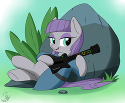 Size: 4000x3297 | Tagged: safe, artist:sugarwings-art, maud pie, earth pony, pony, g4, female, guitar, guitar hero, happy, mare, musical instrument, rhythm game, rock, sitting, smiling, solo, that pony sure does love rocks
