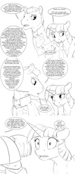 Size: 1976x4592 | Tagged: safe, artist:silfoe, twilight sparkle, oc, oc:colonel ironheart, alicorn, earth pony, pony, royal sketchbook, g4, black and white, comic, dialogue, female, grayscale, male, mare, monochrome, royal guard, simple background, speech bubble, stallion, twilight sparkle (alicorn), white background