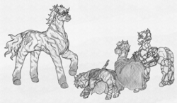 Size: 3132x1824 | Tagged: safe, artist:siegfriednox, oc, oc only, zebra, fallout equestria, fallout equestria: project horizons, armor, power armor, size difference, traditional art, weapon, zebra oc