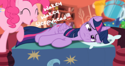 Size: 4000x2133 | Tagged: safe, artist:dashiesparkle, artist:slb94, pinkie pie, twilight sparkle, alicorn, earth pony, pony, g4, ^^, eyes closed, golden oaks library, morning ponies, tired, twilight sparkle (alicorn)