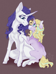 Size: 900x1191 | Tagged: safe, artist:castaspellliana, rarity, oc, oc:precious, pony, unicorn, g4, blank flank, duo, female, filly, looking at each other, magical lesbian spawn, mare, mother and daughter, next generation, offspring, parent:rarity, parent:twilight sparkle, parents:rarilight, simple background, smiling