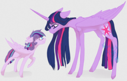 Size: 800x512 | Tagged: safe, artist:castaspellliana, twilight sparkle, oc, oc:astraea shimmer, alicorn, pegasus, pony, g4, cutie mark, duo, female, filly, looking at each other, mare, mother and daughter, next generation, offspring, parent:flash sentry, parent:twilight sparkle, parents:flashlight, simple background, smiling, twilight sparkle (alicorn), white background