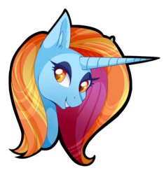 Size: 834x891 | Tagged: safe, artist:uunicornicc, sassy saddles, pony, unicorn, g4, bust, ear fluff, female, grin, horn, lidded eyes, long horn, looking at you, mare, simple background, smiling, smiling at you, solo, transparent background