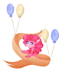 Size: 1384x1616 | Tagged: safe, artist:uunicornicc, pinkie pie, earth pony, pony, g4, balloon, banner, female, looking sideways, mare, simple background, smiling, solo, transparent background