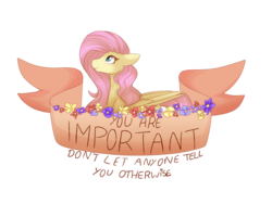 Size: 1600x1200 | Tagged: safe, artist:uunicornicc, fluttershy, pegasus, pony, g4, banner, female, flower, looking up, lying down, mare, positive ponies, simple background, smiling, solo, text, transparent background
