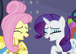 Size: 1507x1079 | Tagged: safe, screencap, fluttershy, rarity, pegasus, pony, unicorn, fake it 'til you make it, g4, cropped, duo, eyes closed, laughing, warrior of inner strength, warriorshy
