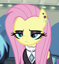 Size: 849x924 | Tagged: safe, screencap, fluttershy, pegasus, pony, fake it 'til you make it, clothes, cropped, ear piercing, earring, eyeshadow, female, fluttergoth, fluttershy is not amused, frown, goth, jewelry, makeup, mare, offscreen character, piercing, solo focus, unamused