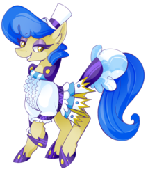 Size: 930x1089 | Tagged: safe, artist:uunicornicc, sapphire shores, earth pony, pony, g4, clothes, female, hat, looking back, mare, raised hoof, simple background, smiling, solo, top hat, transparent background