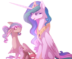 Size: 1387x1137 | Tagged: safe, artist:uunicornicc, princess celestia, oc, oc:maledic, alicorn, draconequus, hybrid, pony, g4, draconequus oc, duo, female, horn, interspecies offspring, jewelry, long horn, looking at each other, mare, next generation, offspring, parent:discord, parent:princess celestia, parents:dislestia, regalia, simple background, sitting, spread wings, talking, transparent background, wings