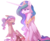 Size: 1387x1137 | Tagged: safe, artist:uunicornicc, princess celestia, oc, oc:maledic, alicorn, draconequus, hybrid, pony, g4, draconequus oc, duo, female, horn, interspecies offspring, jewelry, long horn, looking at each other, mare, next generation, offspring, parent:discord, parent:princess celestia, parents:dislestia, regalia, simple background, sitting, spread wings, talking, transparent background, wings