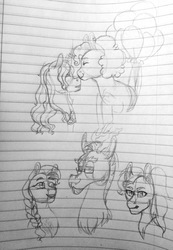 Size: 1792x2592 | Tagged: safe, artist:chesshire-code, discord, fluttershy, pinkie pie, prince blueblood, g4, bluepie, female, kissing, lined paper, male, ship:discoshy, shipping, sketch, straight, traditional art