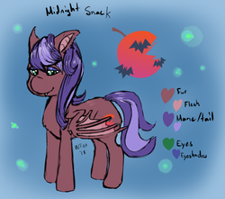 Size: 1146x1011 | Tagged: safe, artist:sondy, oc, oc only, oc:midnight snack, bat pony, bat pony oc, blue background, female, green eyes, mare, purple mane, reference sheet