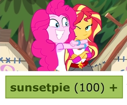 Size: 854x709 | Tagged: safe, edit, edited screencap, screencap, pinkie pie, sunset shimmer, derpibooru, equestria girls, g4, my little pony equestria girls: legend of everfree, 100, derpimilestone, duo, female, hug, lesbian, meta, ship:sunsetpie, shipping, tags