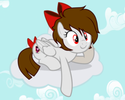 Size: 1500x1200 | Tagged: safe, artist:rsa.fim, oc, oc only, oc:whisper hope, pegasus, pony, alternate hairstyle, cloud, female, mare, on a cloud, red eyes, ribbon, simple background, smiling, solo, tail wrap, unitárium