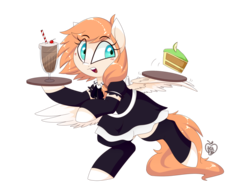 Size: 1280x985 | Tagged: safe, artist:notenoughapples, oc, oc only, pegasus, pony, cake, clothes, female, food, milkshake, simple background, solo, transparent background, waitress